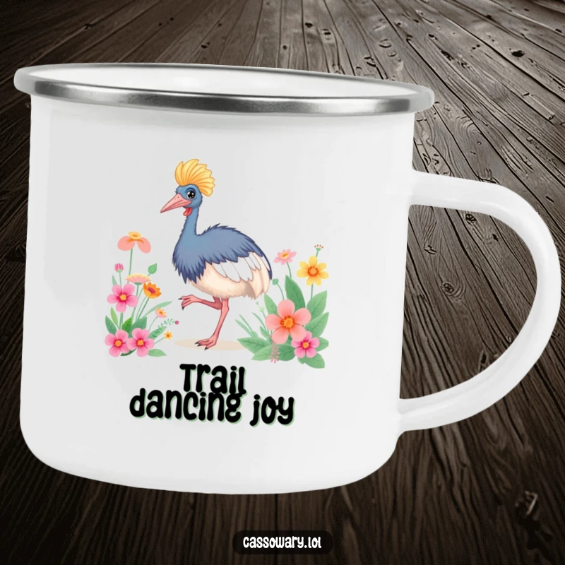 Funny Cassowary Happy Dance Camping Mug: A dancing cassowary among flowers, ready for outdoor fun. Funny gift.
