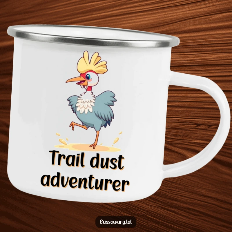 Funny cassowary camping mug, a bird joyfully leaping and kicking up dust, designed for outdoor adventures and energetic moments.