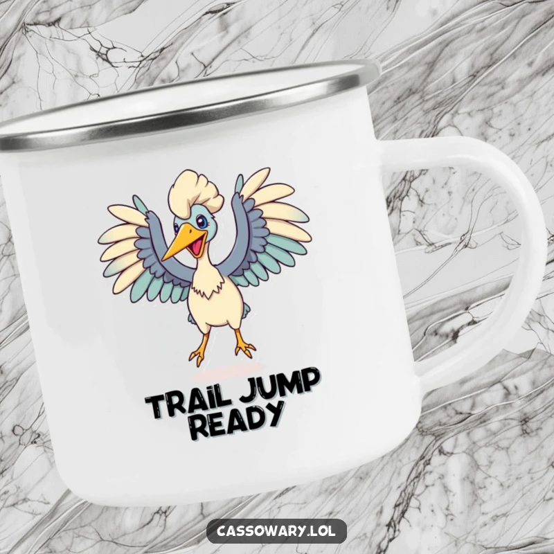 Funny camping mug depicting a cassowary with wings spread wide, poised to leap, symbolizing readiness for adventure and outdoor fun.