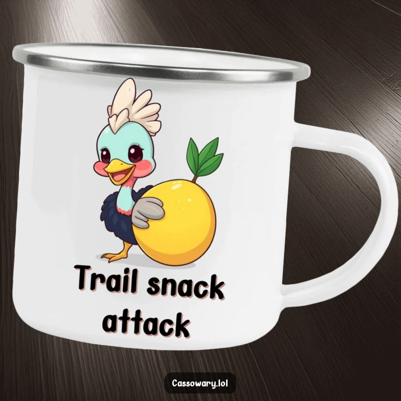 Funny Cassowary Fruit Nudge Camping Mug: A happy cassowary nudging fruit, ready for outdoor fun. A funny gift for campers.