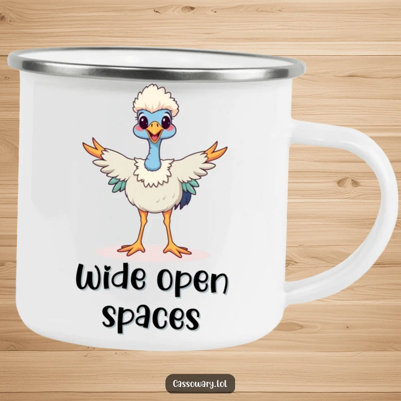 Funny cassowary camping mug, a happy cassowary stands with legs spread wide, perfect for campfire drinks with a unique theme.