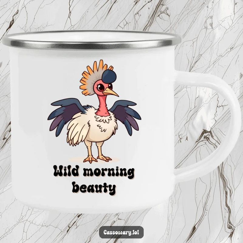 Funny cassowary camping mug featuring a proud bird with colorful neck feathers, perfect for outdoor enthusiasts.