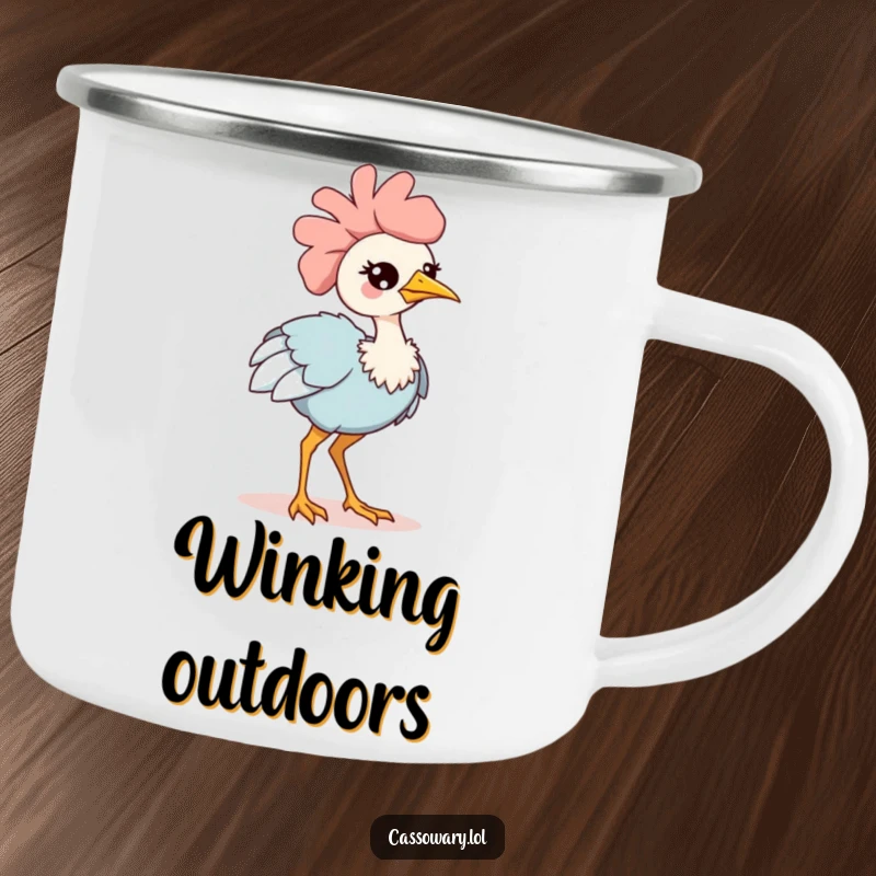 Funny kawaii cassowary camping mug, a rugged mug showing an adorable bird winking and strutting confidently, perfect for outdoor charm and humor.