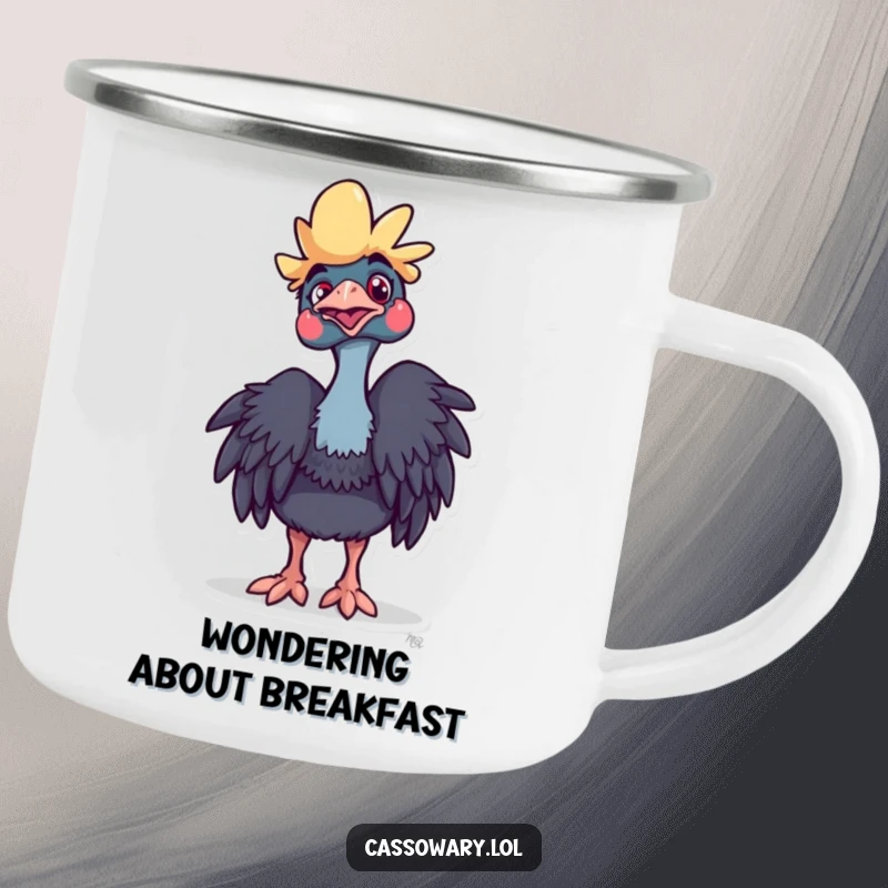 Funny Cassowary Camping Mug: A cassowary with a playful head tilt, looking curious. Ideal for outdoor fun. Gift idea.