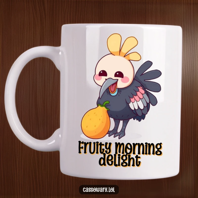 Funny mug with a kawaii cassowary joyfully pecking at a small, colorful fruit, showing delight in a tasty treat.
