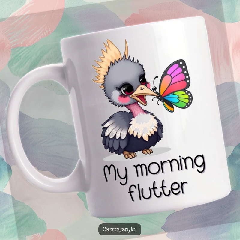 Funny mug featuring a cassowary gently nudging a colorful butterfly with its beak, showcasing a playful and tender interaction.