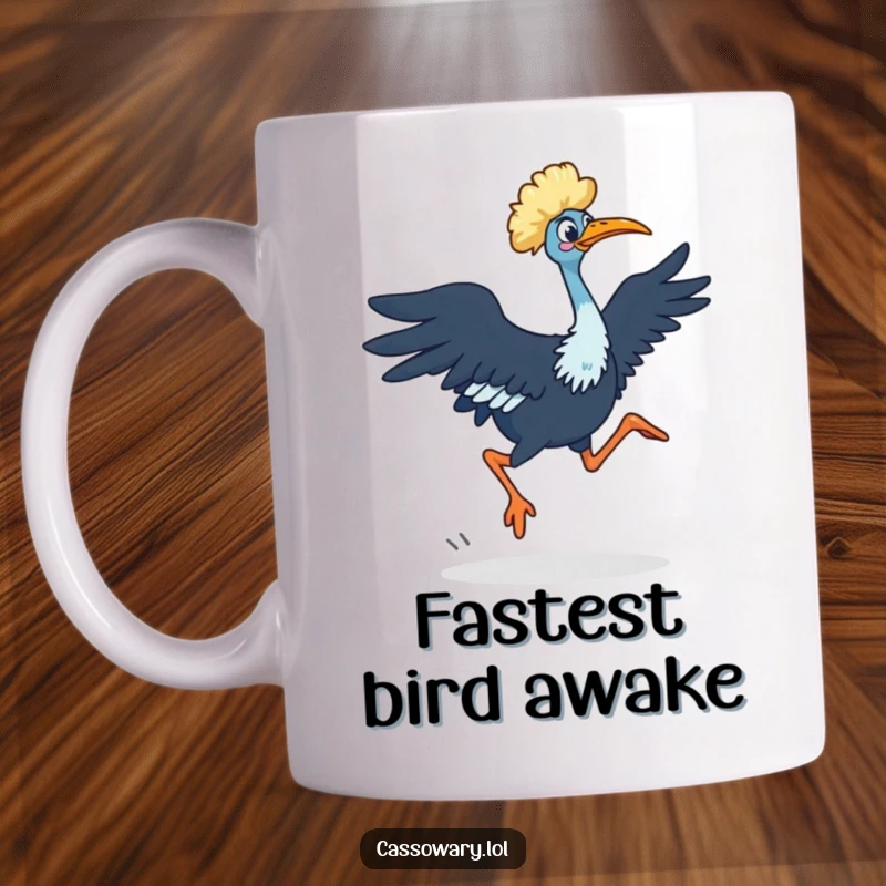 Funny Cassowary Mug: A cassowary doing a quick dash with its powerful legs, showing surprising speed. Great gift.