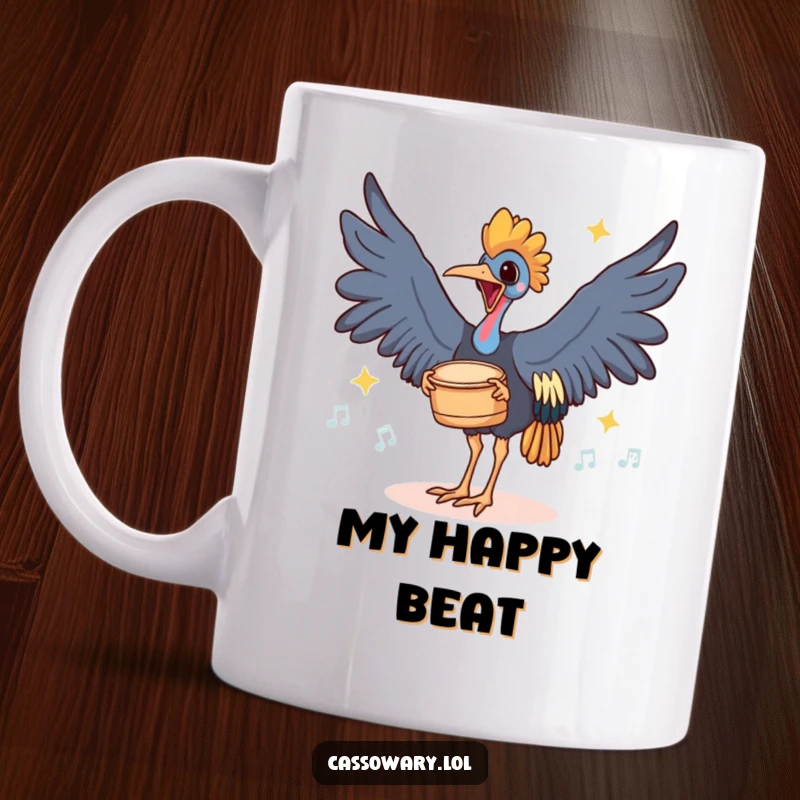 Funny mug featuring a cassowary joyfully drumming its feet on the ground with happy, rhythmic thuds, showcasing energetic movement.