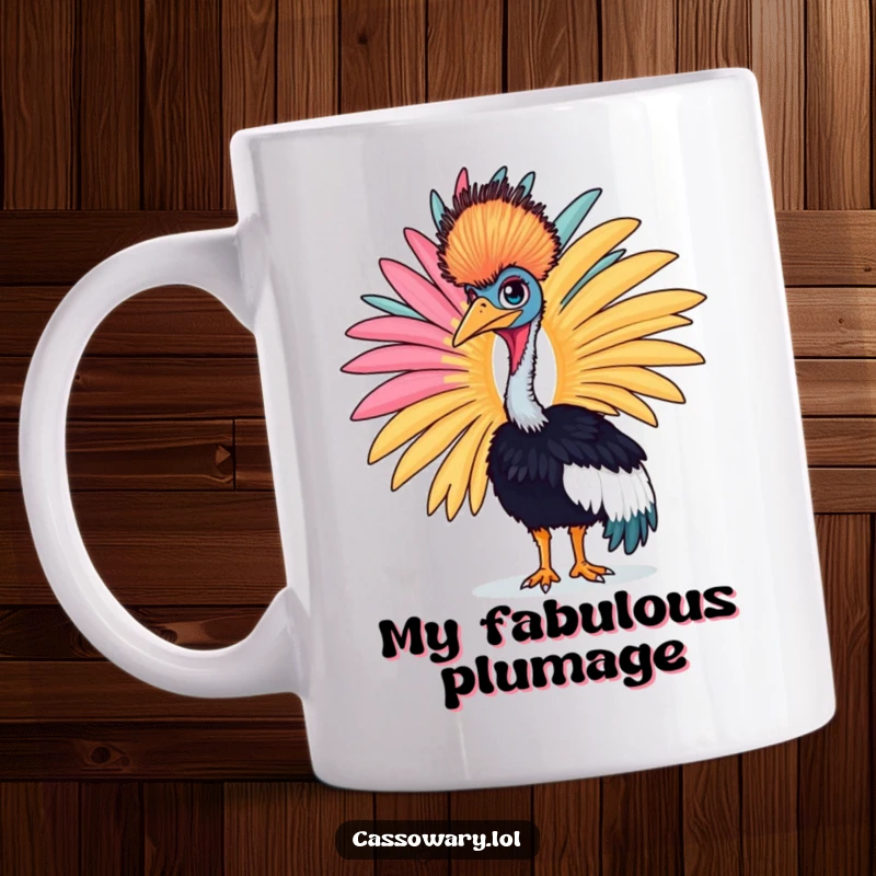 Funny cassowary mug with a proud bird displaying a large, colorful feather, a bold fashion statement.
