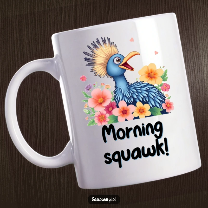 Funny mug featuring a cassowary letting out a joyous squawk amidst a backdrop of vibrant, colorful flowers, celebrating happiness.