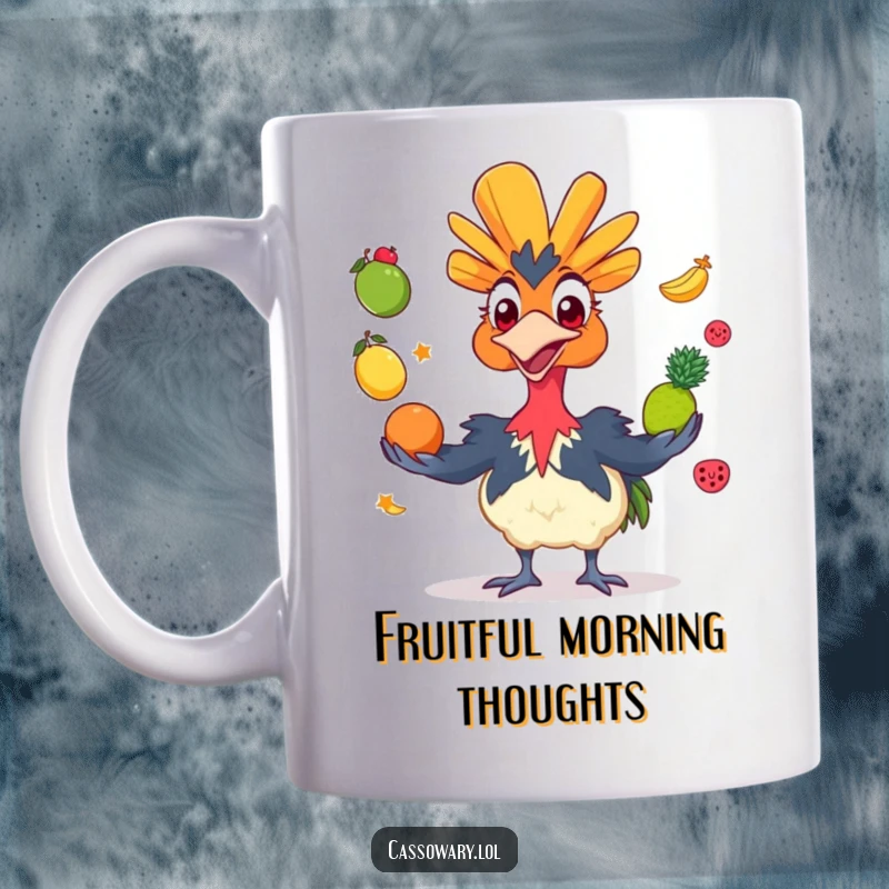 Funny cassowary mug showing a grinning bird skillfully juggling colorful fruits, full of cheerful energy and a humorous juggling act.