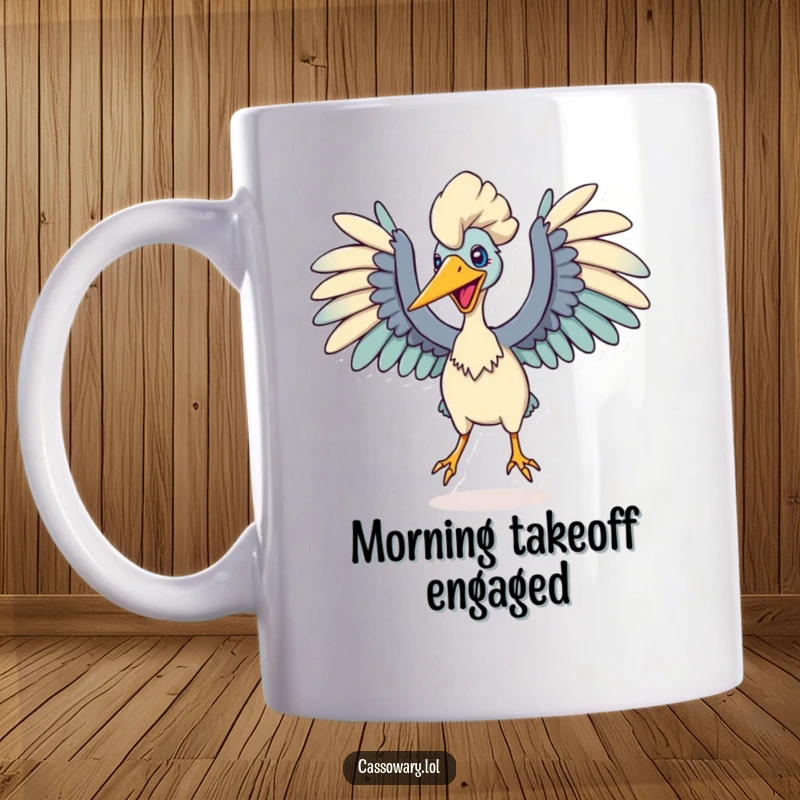 Funny mug showing a cassowary with wings dramatically spread, poised on the brink of an energetic leap, full of anticipation.