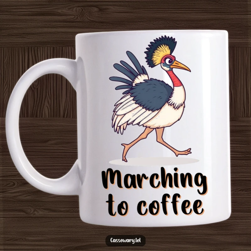 Funny Cassowary Mug depicting a bird with a determined stride, marching forward with unwavering focus.