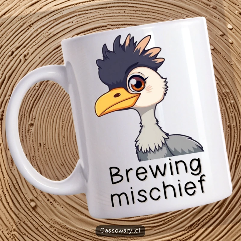 Funny cassowary mug with a playful gleam in its eye, suggesting mischief and lighthearted fun for the viewer.