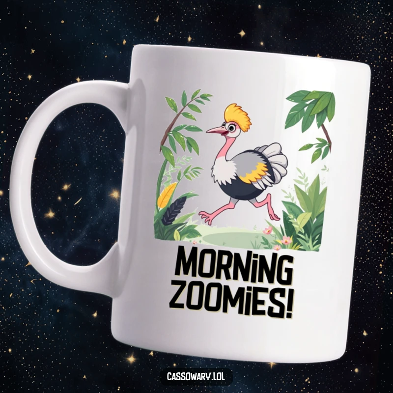 Funny cassowary mug depicting an energetic bird joyfully racing through lush green foliage with powerful strides.