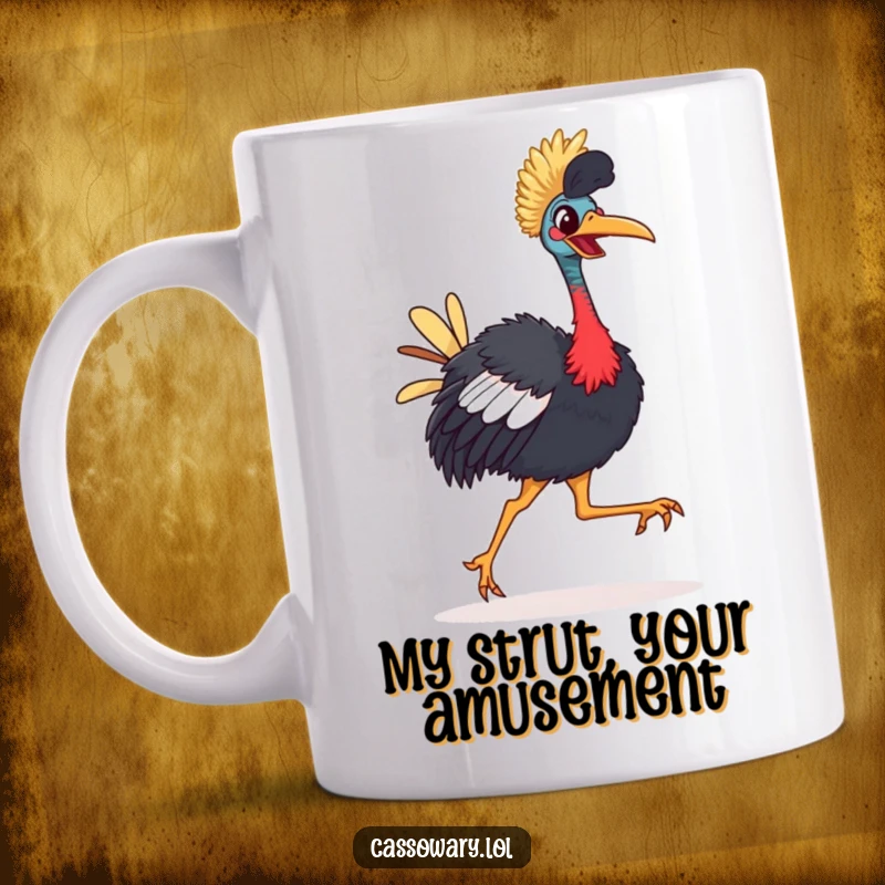 Funny Cassowary Mug: A brightly-beaked bird happily strutting with a comical, joyful gait, perfect for bird lovers.