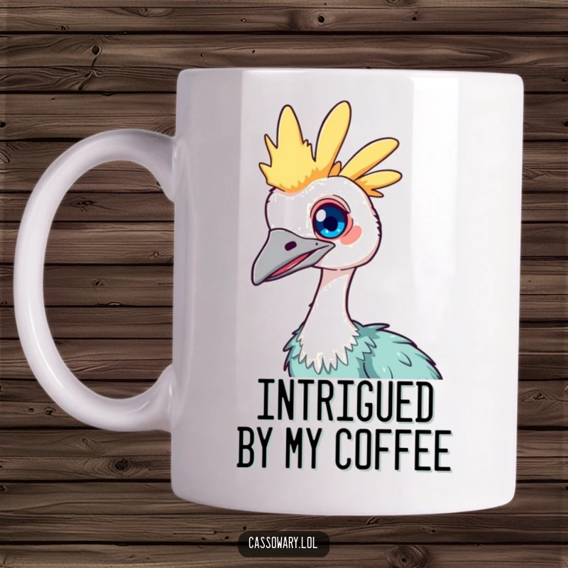Funny Kawaii Cassowary Mug: Cute bird with a bright, inquisitive eye, tilting its head in a curious and charming manner.