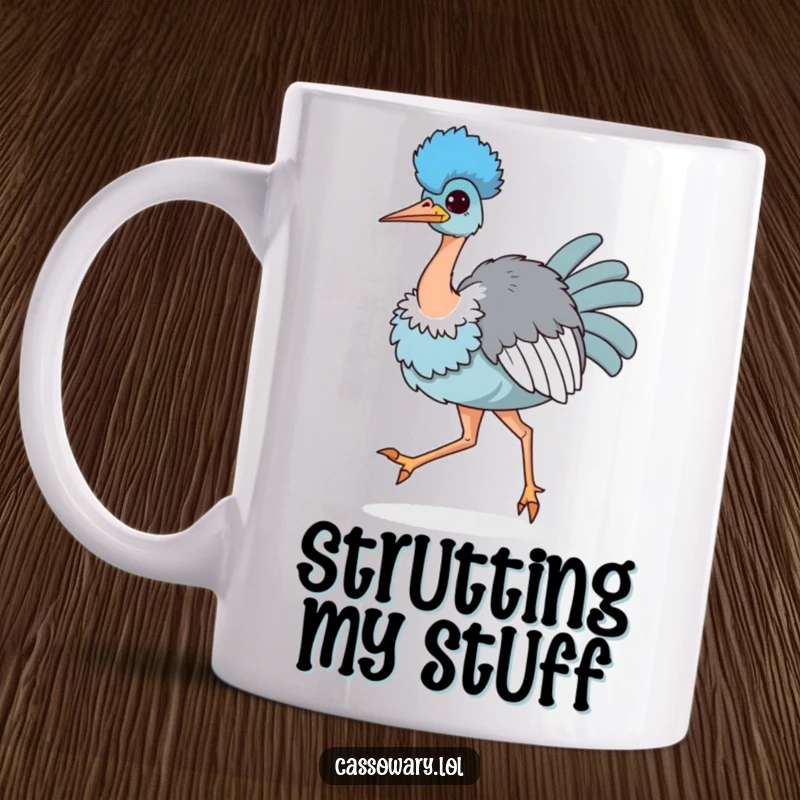 Funny mug with a kawaii cassowary proudly strutting with its chest puffed out, exuding confidence and a touch of avian sass.