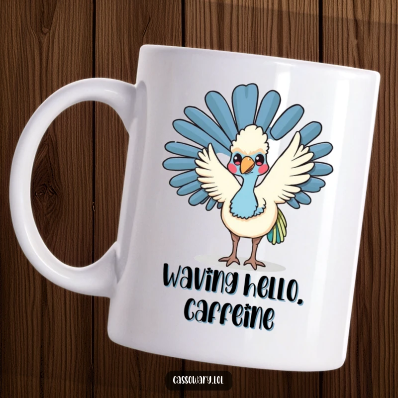 Funny kawaii cassowary mug featuring a friendly bird waving its wing, radiating warmth and approachability.