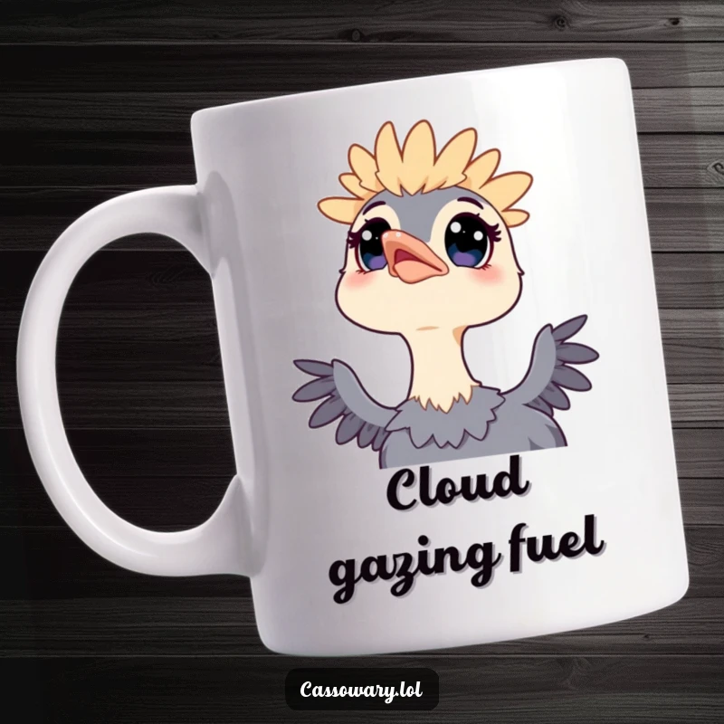 Funny mug with a kawaii cassowary, wide eyes gazing upwards at the sky, conveying curiosity and a sense of wonder.