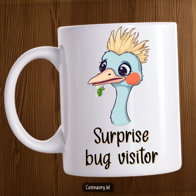 Funny mug showing a cassowary looking utterly surprised with a tiny caterpillar crawling on its beak.