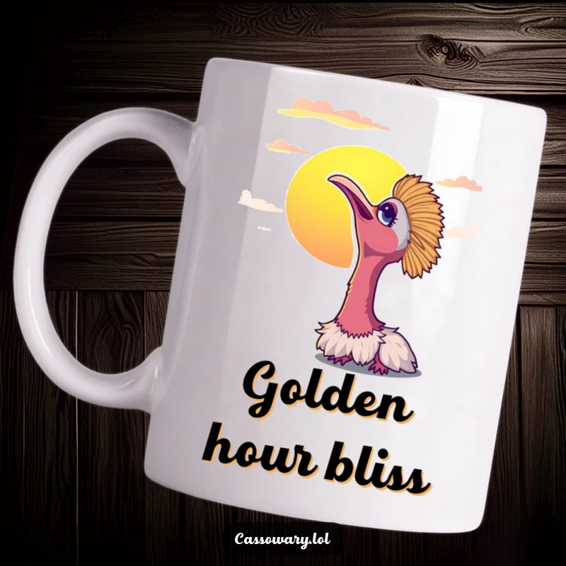 Funny cassowary mug showing a bird looking up peacefully at a vibrant sunset, conveying contentment. Ideal for bird watchers.