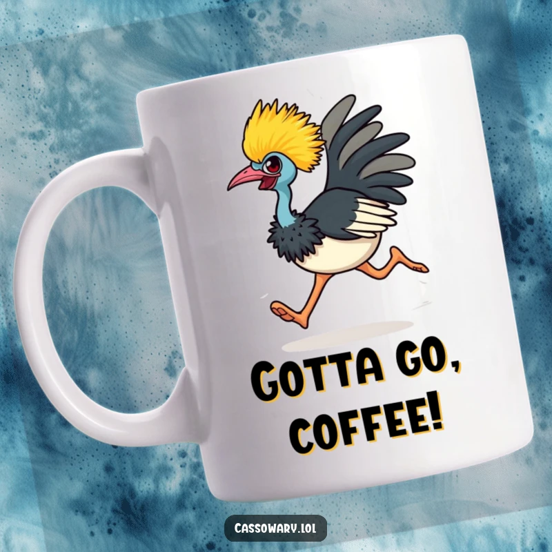 Funny cassowary mug featuring a determined bird running at full speed, full of energy, ready to conquer the day.