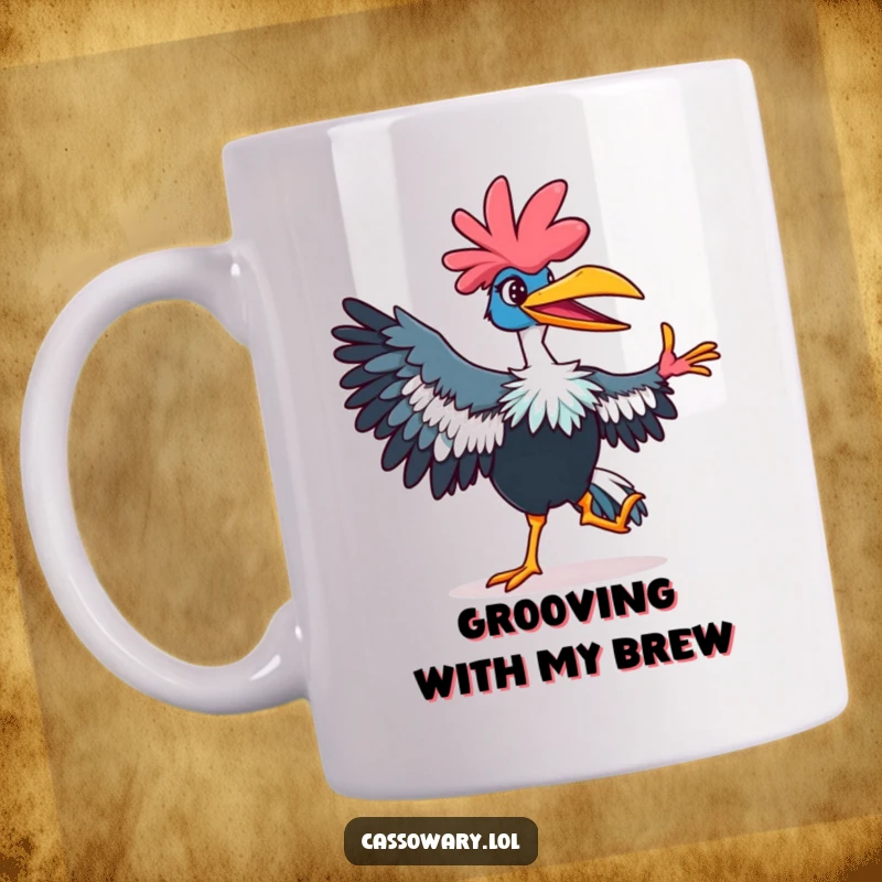 Funny cassowary mug featuring a vibrant bird with a playful grin, demonstrating a fancy dance move with energetic flair.