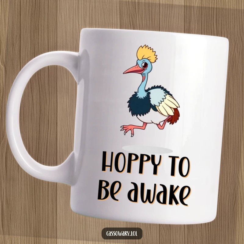 Funny cassowary mug showing a cassowary doing a comical little hop with its large, distinctive feet, looking amusing.