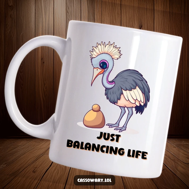 Funny Cassowary Pebble Balance Mug: A determined cassowary wobbling while balancing a small, colorful pebble. Hilarious gift.