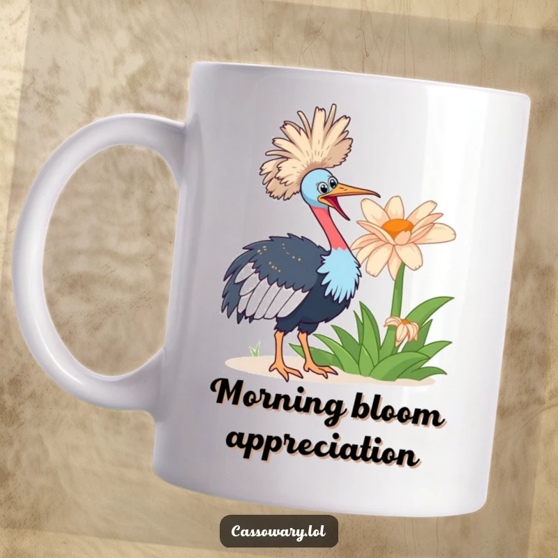 Funny cassowary looking with wide-eyed enthusiasm at a comically giant, colorful flower on this unique mug.