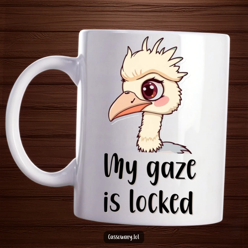 Funny Cassowary Mug: One eye wide open, a curious cassowary spots something intriguing with a funny, surprised expression.