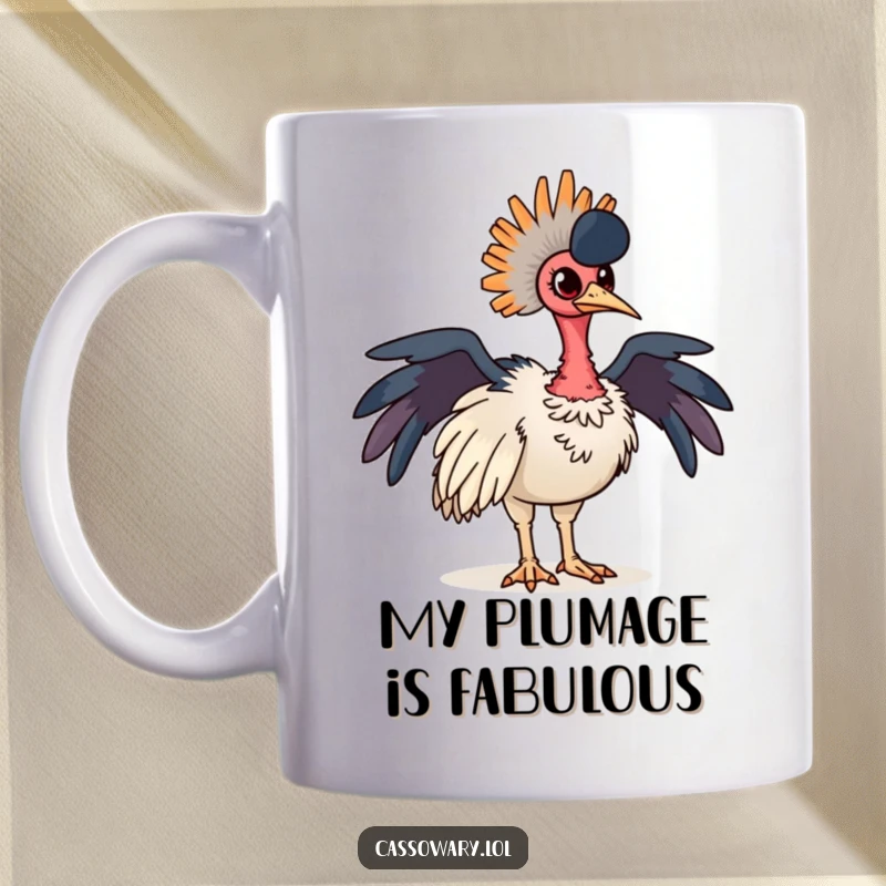 Funny cassowary mug featuring a proud bird striking a pose, showcasing its strikingly colorful neck feathers. Ideal for bird enthusiasts.