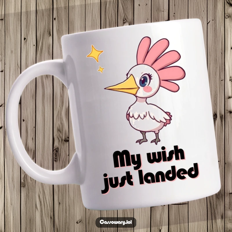 Funny mug featuring a surprised cassowary with wide eyes staring at a falling star, capturing a moment of cosmic disbelief.