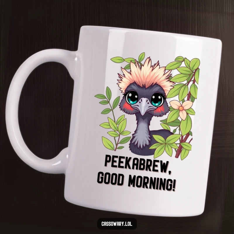 Funny Cassowary Peeking Mug: A cassowary with wide, curious eyes peeking from lush green foliage. Humorous gift.
