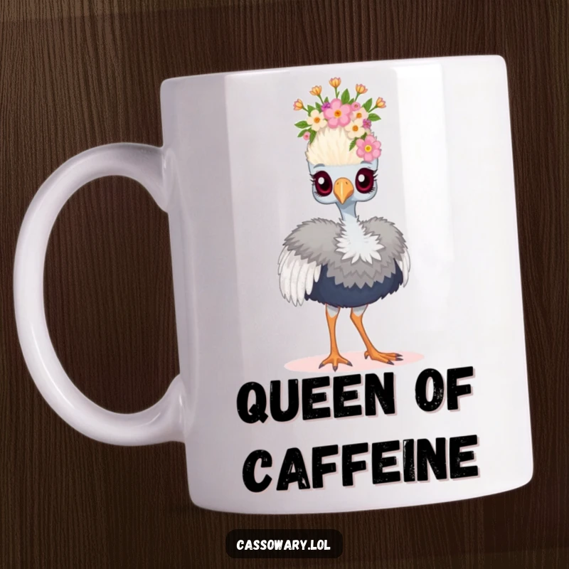 Funny cassowary mug featuring a bird wearing a tiny floral crown and proudly strutting, radiating humorous majesty.