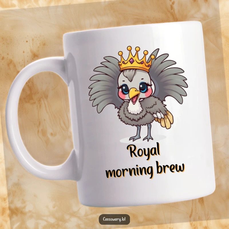 Funny cassowary bird wearing a golden crown, proudly parading with a regal stance, humorous bird design.