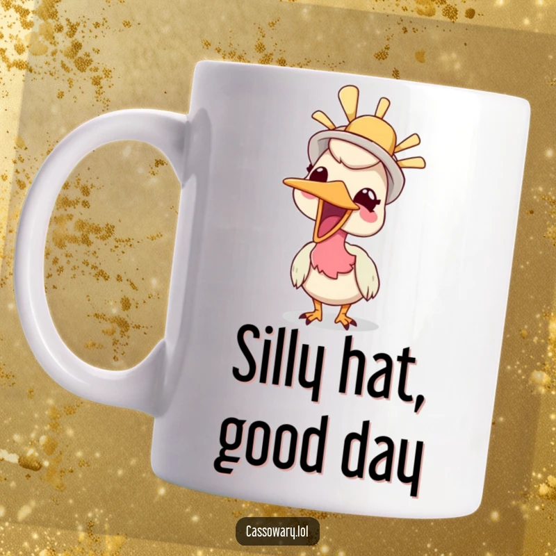 Funny mug with a cassowary giggling while wearing a silly hat, showcasing a moment of pure, unadulterated birdy joy.