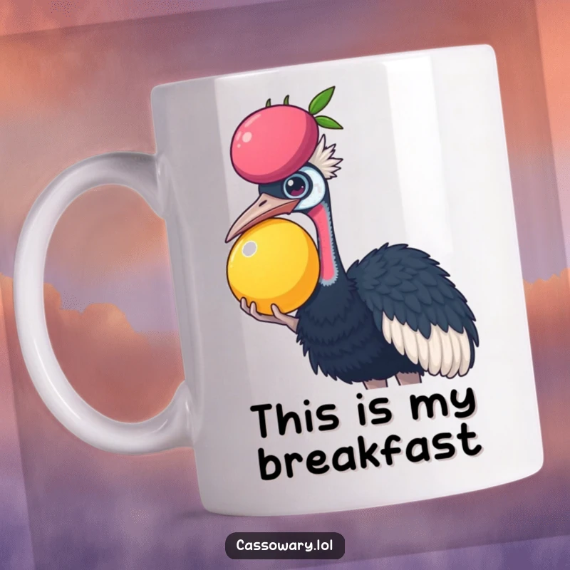 Funny Cassowary mug showing a cassowary on its head trying to balance a large, juicy fruit, creating a humorous and precarious situation.