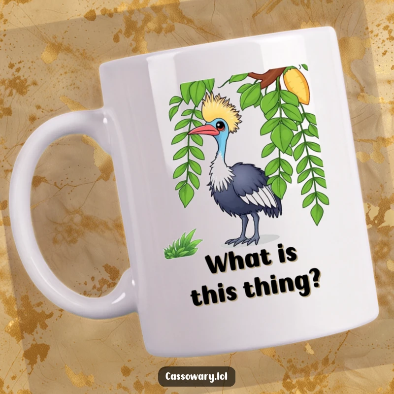 Funny cassowary mug showing a curious bird tilting its head inquisitively at a dangling vine, perfect for gift-givers.