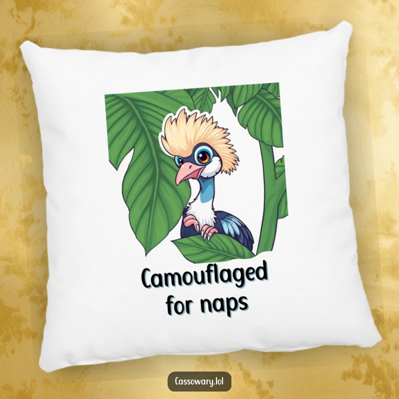 Funny cassowary pillow design featuring a playful cassowary peeking from behind a lush tropical leaf, perfect for comfort.