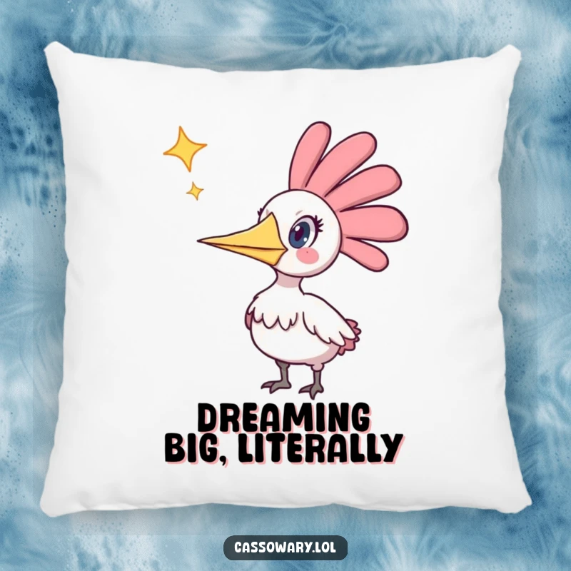 Funny pillow showing a cassowary in absolute amazement at a star plummeting from the sky, a soft and humorous decorative accent.