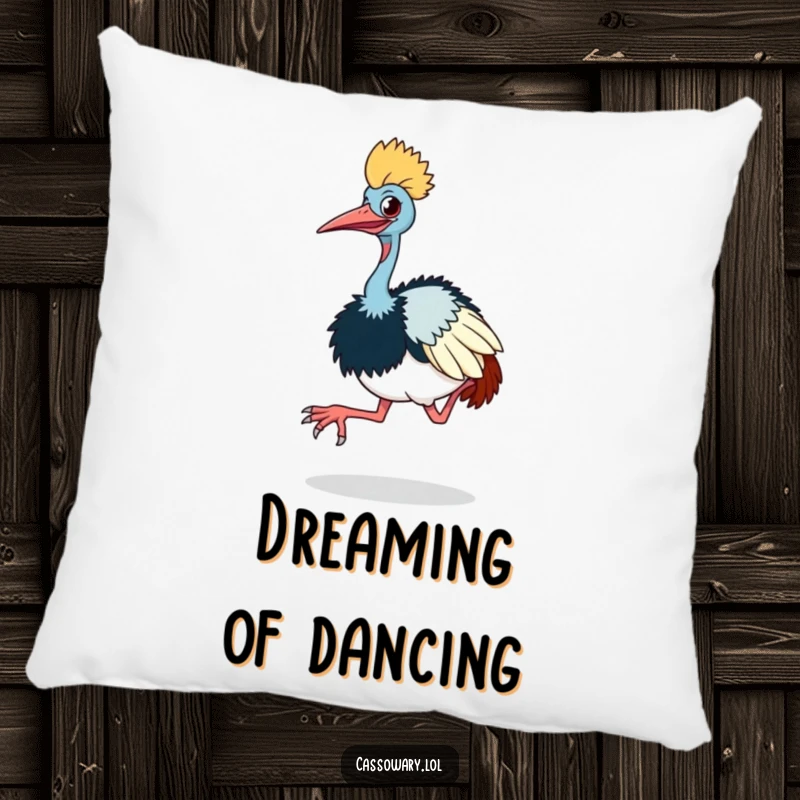 Funny cassowary pillow design featuring a cassowary doing a comical little hop with its large feet, perfect for comfort.
