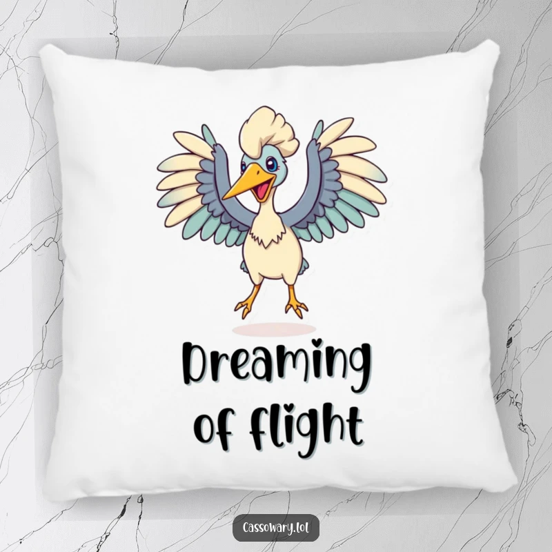 Funny pillow showing a cassowary with wings spread wide, in a dynamic pose, ready to leap, adding a touch of humorous energy.