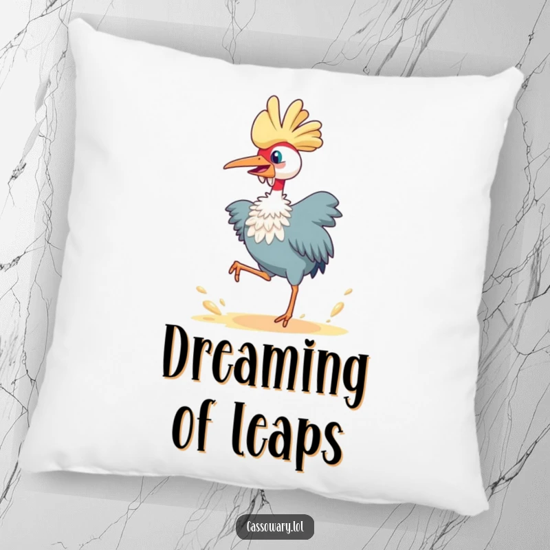 Funny cassowary pillow, a bird caught in a joyful leap kicking up dust, bringing energetic humor and comfort to any seating.