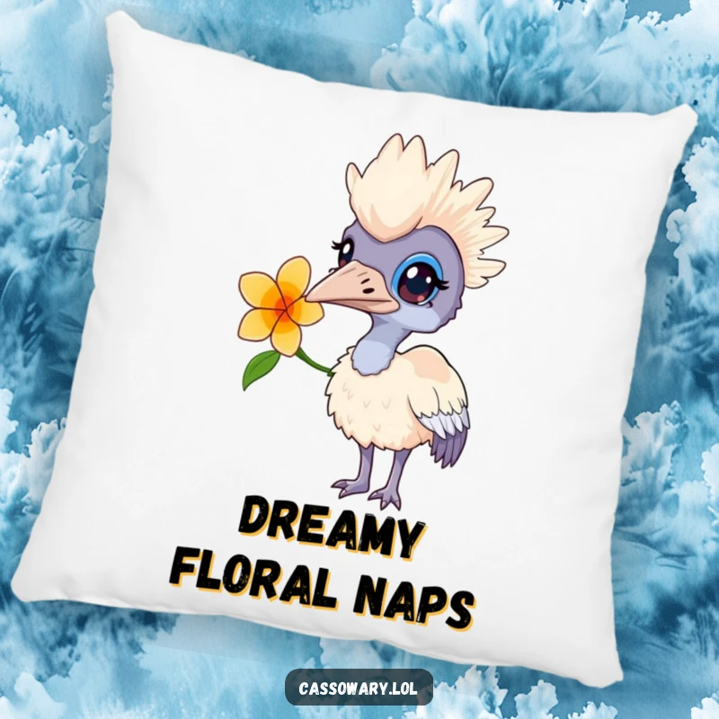 Funny pillow showcasing a curious cassowary with a flower behind its ear, providing comfort and a hint of floral whimsy.