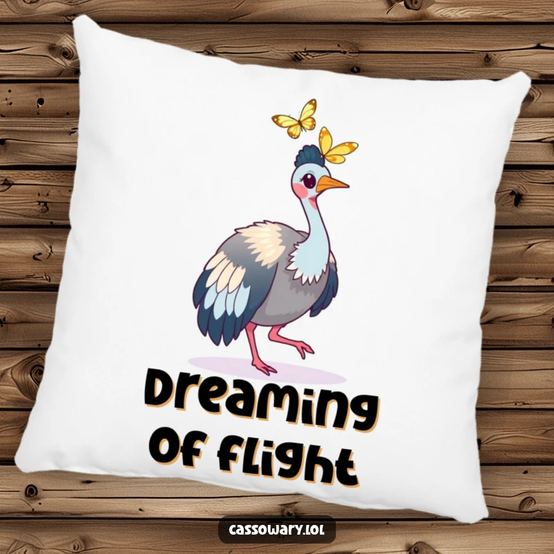 Funny Cassowary Butterfly Chase Pillow: A cassowary chasing a butterfly, soft and cozy. Funny gift.