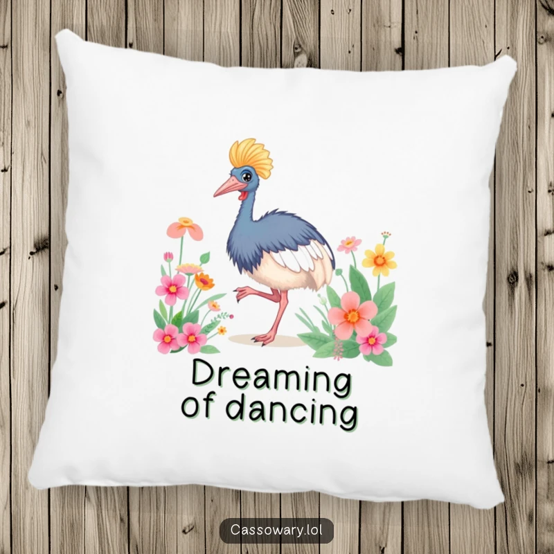 Funny Cassowary Happy Dance Pillow: A dancing cassowary among flowers, soft and cozy. Funny gift.