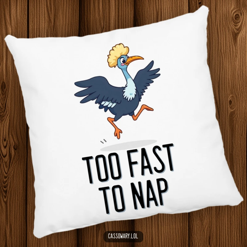 Funny Cassowary Pillow: A cassowary in a quick dash with powerful legs, showing speed. Great for unique decor. Gift idea.