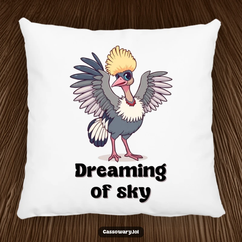 Funny cassowary pillow featuring a bird with wings slightly raised, ready to fly, perfect for a cozy, humorous vibe.